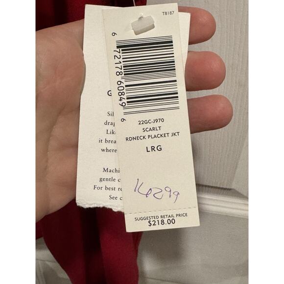 Eileen Fisher 100% Silk Georgette Crepe Red Long Sleeve Top Size Large NEW - Picture 4 of 7